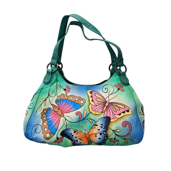 Anuschka Purse Leather Shoulder Bag Large Satchel Hobo Butterfly Floral Green - Picture 2 of 15